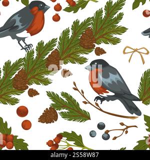 Merry Christmas bullfinch bird and mistletoe symbol seamless pattern isolated on white background vector. Traditional xmas leaves of plant and berries, animal with feathers. Birdie in winter. Merry Christmas bullfinch bird and mistletoe symbol seamless pattern isolated on white background vector. Stock Vector