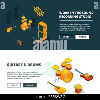 Music concepts. Vector banners template with illustrations of musical instruments. Recording studio 3d isometric, instrument musical illustration. Music concepts. Vector banners template with illustrations of musical instruments Stock Vector