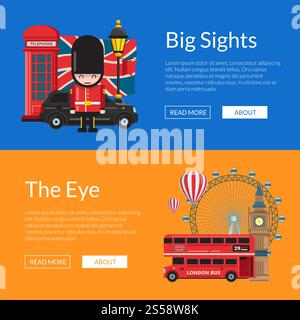 Vector cartoon London sights and objects horizontal web banners illustration. England attractions banners. Vector cartoon London sights illustration. England attractions banners Stock Vector