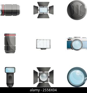 Photographer equipment icon set. Cartoon set of 9 photographer equipment vector icons for web design isolated on white background. Photographer equipment icon set, cartoon style Stock Vector