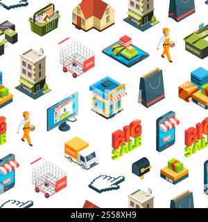 Vector isometric online shopping icons background or pattern illustration. Delivery and commerce, online shop and web market. Vector isometric online shopping icons background or pattern illustration Stock Vector
