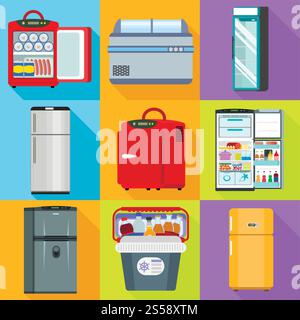 Fridge icon set. Flat set of 9 fridge vector icons for web design isolated on white background. Fridge icon set, flat style Stock Vector