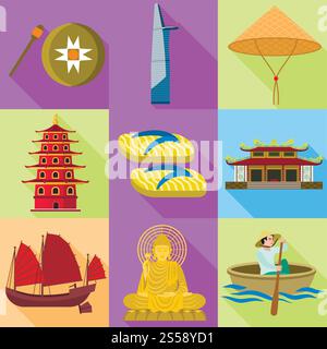 Vietnam icon set. Flat set of 9 vietnam vector icons for web design isolated on white background. Vietnam icon set, flat style Stock Vector