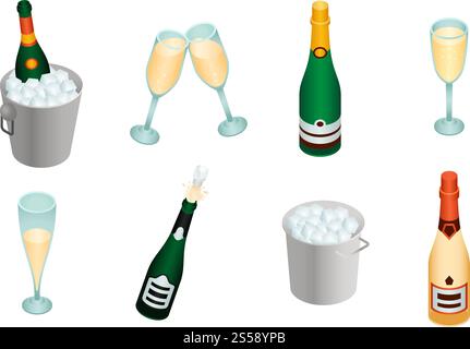 Champagne icons set. Isometric set of champagne vector icons for web design isolated on white background. Champagne icons set, isometric style Stock Vector