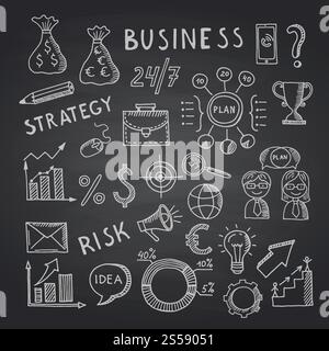 Vector business doodle icons on black chalkboard illustration. Chalkboard doodle sketch business, blackboard drawing. Vector business doodle icons on black chalkboard illustration Stock Vector