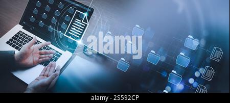 Businessman working modern compter Document Management System (DMS),Virtual online documentation database and process automation to efficiently Stock Photo