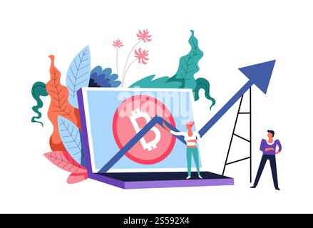 Bitcoin cryptocurrency business and people working on improvement vector. Screen with logo of currency and pointer growing, money and cash rate. Analyst making predictions at online virtual market. Bitcoin cryptocurrency business and people working on improvement vector Stock Vector