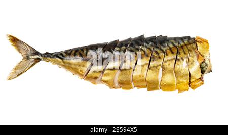 cold smoked headless mackerel cut into pieces isolated on white background Stock Photo