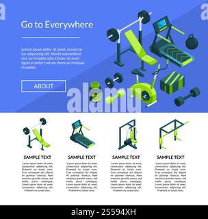 Vector isometric gym objects web site landing page template illustration. Vector isometric gym page template illustration Stock Vector