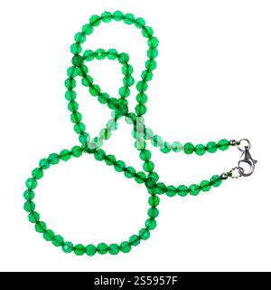 tangled handcrafted necklace from emerald green tinted agate beads isolated on white backhround Stock Photo