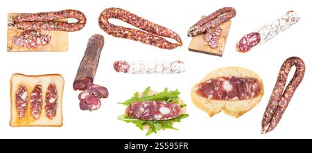 set of various cured sausages isolated on white background. cut french cured pork sausage isolated Stock Photo