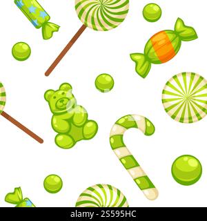 Delicious sweet candies in bright covers and lollipops in shape of cute hearts, striped cane and small teddy in seamless pattern isolated cartoon flat vector illustrations set inside squares.. Delicious sweet candies in bright covers and lollipops in shape of cute hearts, striped cane and small teddy in seamless pattern isolated Stock Vector