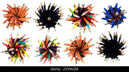 set of top views of various pen and pencils in round holders isolated on white background Stock Photo