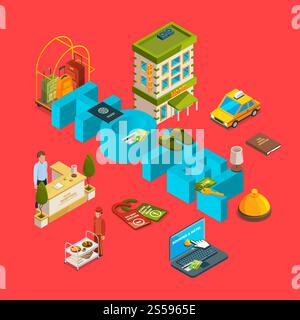 Vector isometric hotel icons infographic concept illustration. Hotel building infographic, service room. Vector isometric hotel icons infographic concept illustration Stock Vector