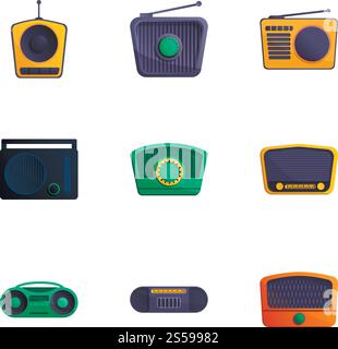 Radio icon set. Cartoon set of 9 radio vector icons for web design isolated on white background. Radio icon set, cartoon style Stock Vector