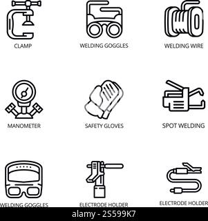 Welding icon set. Outline set of 9 welding vector icons for web design isolated on white background. Welding icon set, outline style Stock Vector
