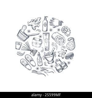 Vector hand drawn spa elements in circle shape illustration isolated on white. Vector hand drawn spa elements in circle shape illustration Stock Vector