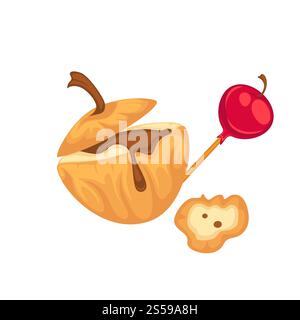 Natural apples in caramel and with chocolate inside. Delicious confectionery product that looks like lollipop. Fruit sweet dessert isolated cartoon flat vector illustration on white background.. Natural apples in caramel and with chocolate inside Stock Vector