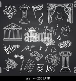 Vector set of doodle theatre elements on black chalkboard illustration. Entertainment show and acting, play drama, ticket to opera blackboard. Vector set of doodle theatre elements on black chalkboard illustration Stock Vector