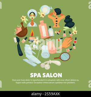 Spa salon with high quality skincare services promotional poster. Woman in towel and robe with mask, client that enjoys massage with hot stones and natural beauty means vector illustrations in circle.. Spa salon with high quality skincare services promotional poster Stock Vector