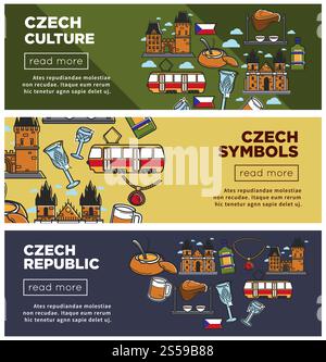 Czech Republic culture and symbols Internet web banners set. European architecture, local transport and traditional cuisine cartoon flat vector illustrations on online pages with buttons templates.. Czech Republic culture and symbols Internet web banners set Stock Vector