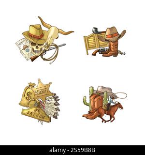 Vector hand drawn wild west cowboy elements piles set isolated on white background illustration. American cowboy, horseshoe and sherif star. Vector hand drawn wild west cowboy elements piles set isolated on white background illustration Stock Vector