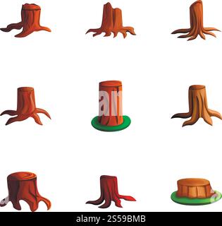 Tree stump icon set. Cartoon set of 9 tree stump vector icons for web design isolated on white background. Tree stump icon set, cartoon style Stock Vector