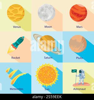 Space expedition icon set. Flat set of 9 space expedition vector icons for web design isolated on white background. Space expedition icon set, flat style Stock Vector