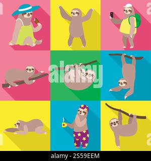 Wild sloth icon set. Flat set of 9 wild sloth vector icons for web design isolated on white background. Wild sloth icon set, flat style Stock Vector