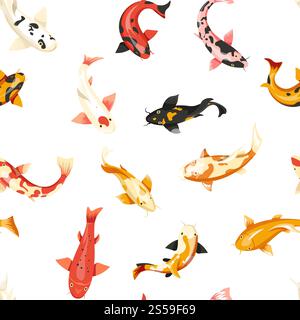 Fish exotic cold blooded animals seamless pattern vector. Different types of unique and rare creatures dwelling in water. Sea and ocean dwellers with fins, swimming fauna and wildlife undersea. Fish exotic cold blooded animals seamless pattern vector. Stock Vector