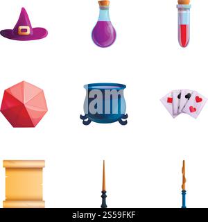 Magician tools icon set. Cartoon set of 9 magician tools vector icons for web design isolated on white background. Magician tools icon set, cartoon style Stock Vector