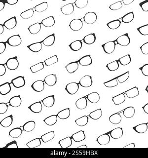 Eyesight glasses with various styles of plastic framing isolated cartoon flat vector seamless pattern illustrations set on white background. Fashionable facial male and female accessory for vision improvement.. Eyesight glasses with various styles of plastic framing isolated cartoon flat vector seamless pattern Stock Vector