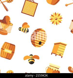 Honey and bees, beekeeper wearing protective suit seamless pattern isolated on white vector. Hive apiary, hobby of male, apiculture working, pot with product, farming and agriculture industry. Honey and bees, beekeeper wearing protective suit seamless pattern isolated on white vector. Stock Vector