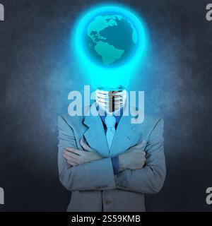 businessman with lamp-head and world inside concept on texture background Stock Photo