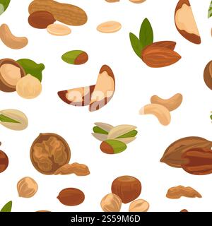 Delicious nutritious nuts full of vitamins and minerals isolated cartoon flat vector illustrations inside seamless pattern on white background. Natural food with healthy fats in endless texture.. Delicious nutritious nuts full of vitamins and minerals isolated cartoon flat vector Stock Vector