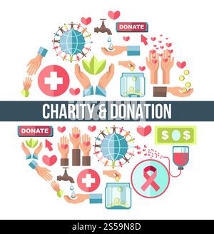 Charity and donation promo round emblem composed of symbolic icons. human palms, red hearts, dollar signs, big cross and green leaves. Good will and aid for people in need logos vector illustration.. Charity and donation promo round emblem composed of symbolic icons Stock Vector