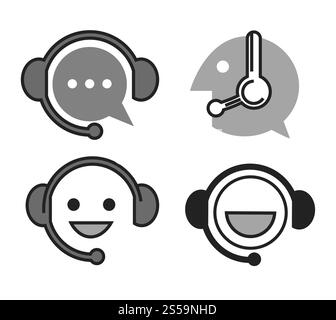 Online support monochrome icons with head in headset. Simple face in headphones with microphone in black and white colors. Hot line service logos isolated cartoon flat vector illustrations set.. Online support monochrome icons with head in headset Stock Vector