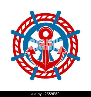 Anchor and helm logo template for marine or nautical . Vector icon of boat steering wheel and ship rope for yachting club badge. anchor and helm marine nautical vector icon Stock Vector