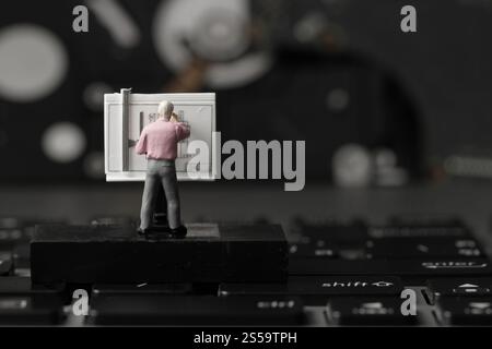 industry concept-miniature engineer working with drafting table on laptop computer Stock Photo