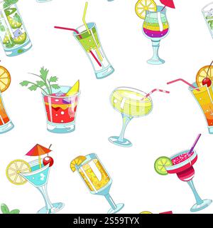 Cocktails with straws and slices seamless pattern vector. Alcoholic drinks and beverages, umbrella as decoration, mint and orange, lemon piece. Martini and lime, refreshing liquids in summer. Cocktails with straws and slices seamless pattern vector. Stock Vector