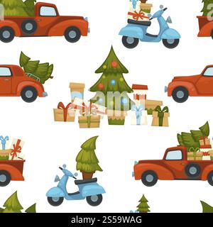 Merry Christmas winter holiday celebration and preparation seamless pattern isolated on white background. Car and scooter driving with presents vector. Pine decorated with balls and garlands. Merry Christmas holiday celebration and preparation seamless pattern Stock Vector
