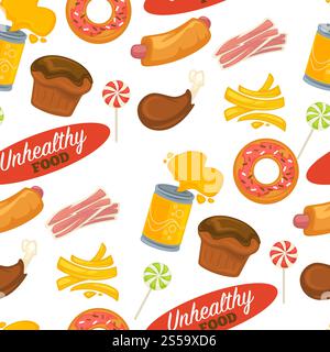 Unhealthy food, sweets and meat, donut and cakes seamless pattern isolated on white vector. Chicken legs grilled, roasted dishes, bacon slices. Hot dog with bun and sausages, coke drink in bottle. Unhealthy food, sweets and meat, donut and cakes seamless pattern Stock Vector