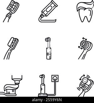 Tooth care icon set. Outline set of 9 tooth care vector icons for web design isolated on white background. Tooth care icon set, outline style Stock Vector