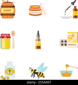 Honey icon set. Flat set of 9 honey vector icons for web design isolated on white background. Honey icon set, flat style Stock Vector