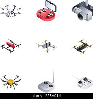 Drone icon set. Isometric set of 9 drone vector icons for web design isolated on white background. Drone icon set, isometric style Stock Vector