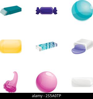 Gum icon set. Cartoon set of 9 gum vector icons for web design isolated on white background. Gum icon set, cartoon style Stock Vector