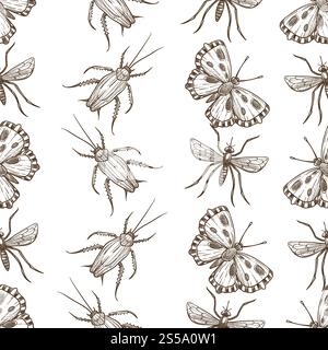 Insects that fly and creep monochrome sepia sketches seamless pattern. Big dragonfly, beautiful butterfly, tiny ant, scary spider, short worm, cute bee and round ladybug isolated cartoon flat vector illustrations set.. Insects that fly and creep monochrome sepia sketches seamless pattern. Stock Vector