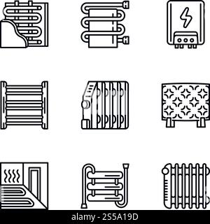 Heater radiator icon set. Outline set of 9 heater radiator vector icons for web design isolated on white background. Heater radiator icon set, outline style Stock Vector