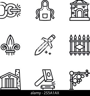 Blacksmith tools icon set. Outline set of 9 blacksmith tools vector icons for web design isolated on white background. Blacksmith tools icon set, outline style Stock Vector