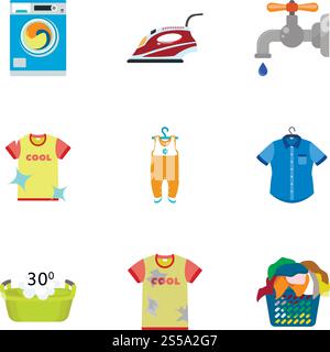 Laundry icon set. Flat set of 9 laundry vector icons for web design isolated on white background. Laundry icon set, flat style Stock Vector